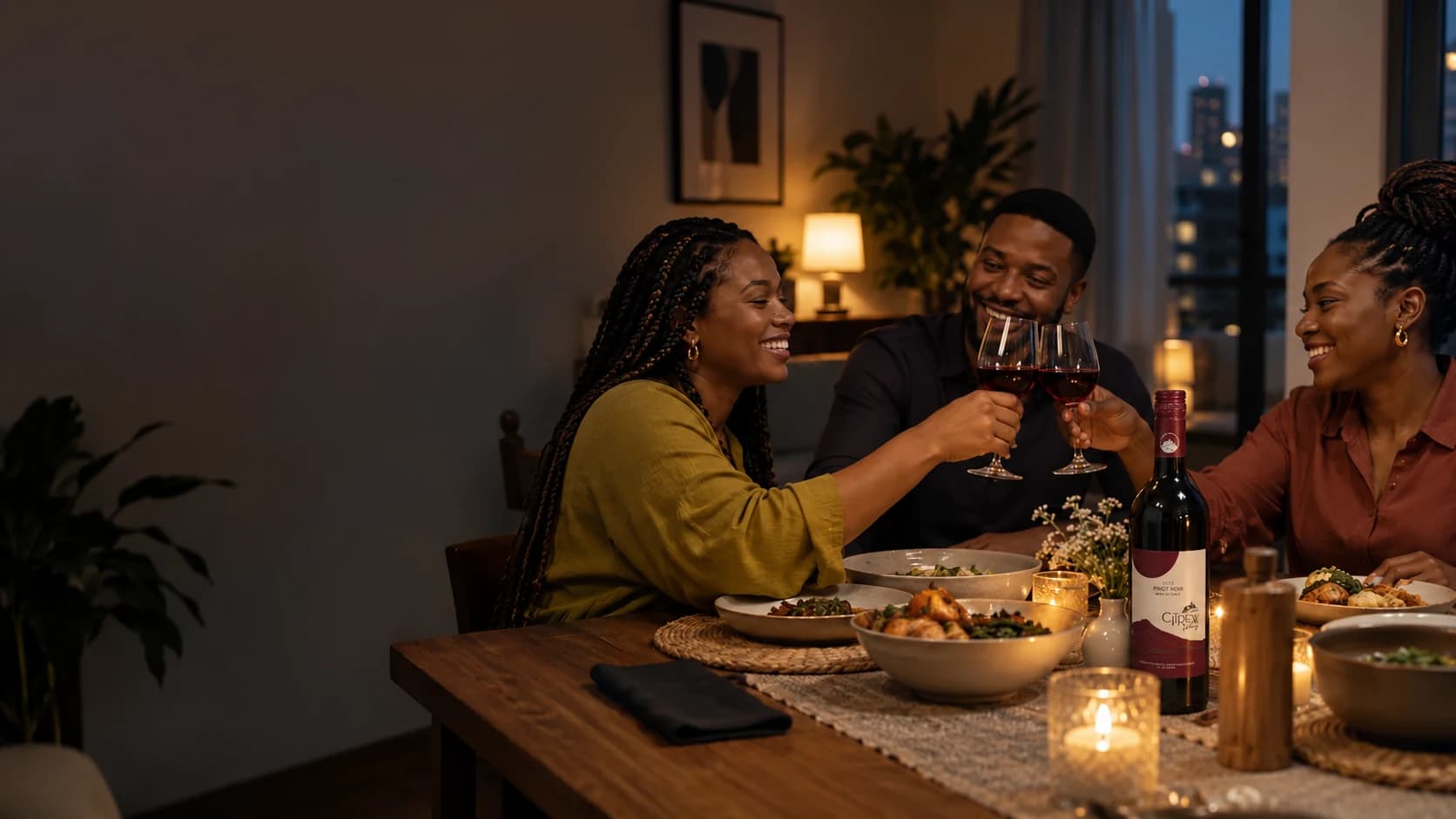 Black friends sharing Citrexx Pinot Noir over dinner