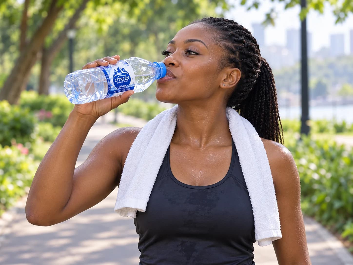 Black runner drinking Citrexx water after a morning jog
