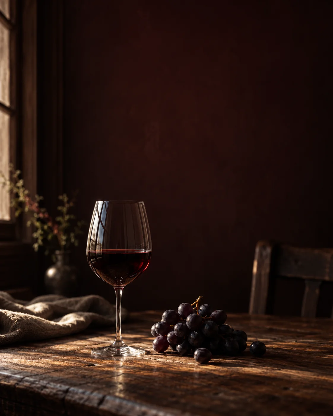 Red wine and grapes on a warmly lit table