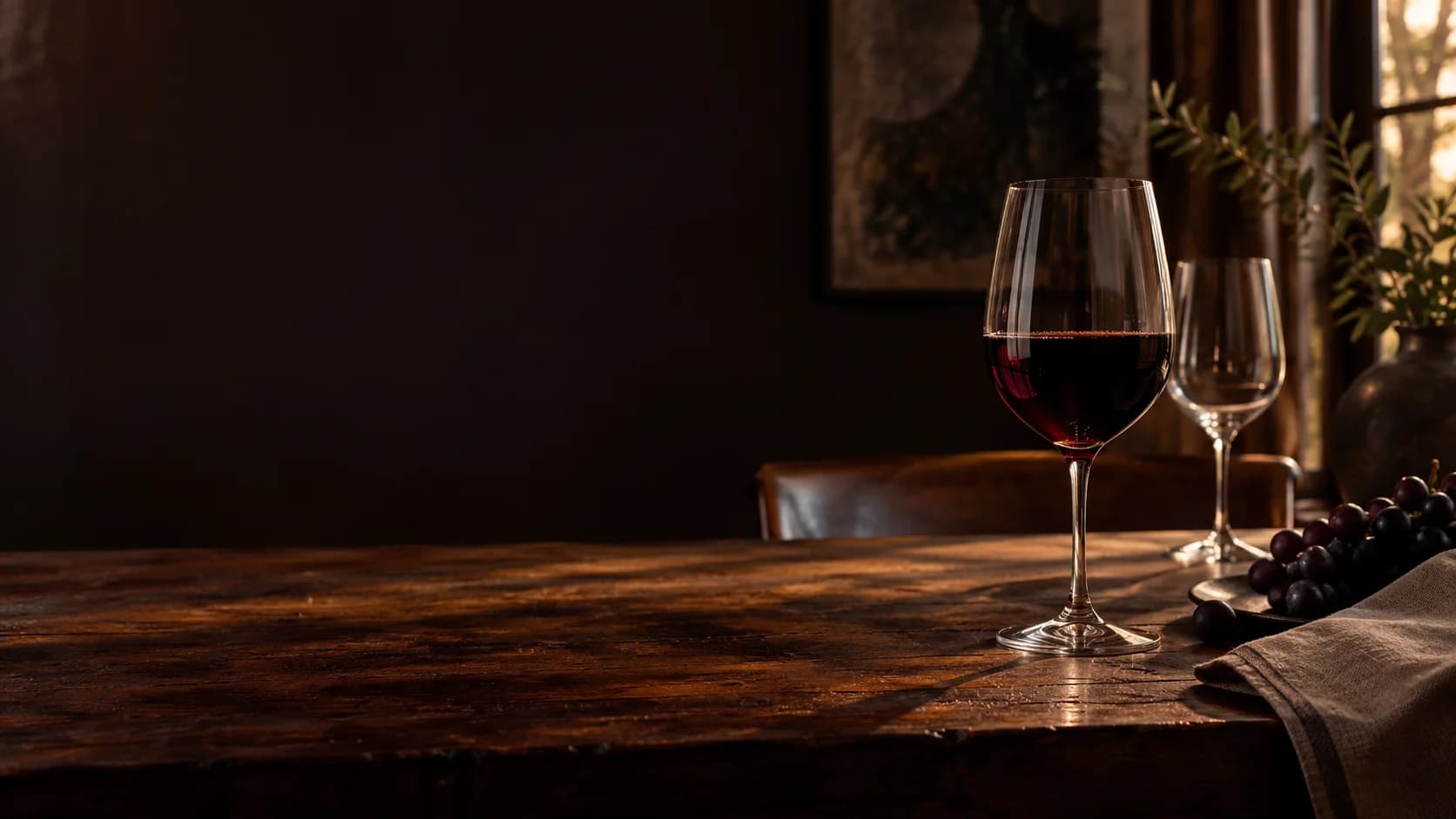 Red wine and grapes on a warmly lit table